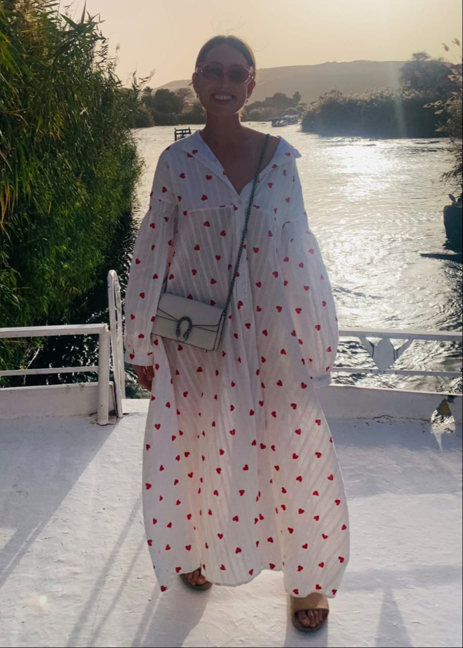 Women's Cotton Maxi Dress with Heart Embroidery and Balloon Sleeves 3