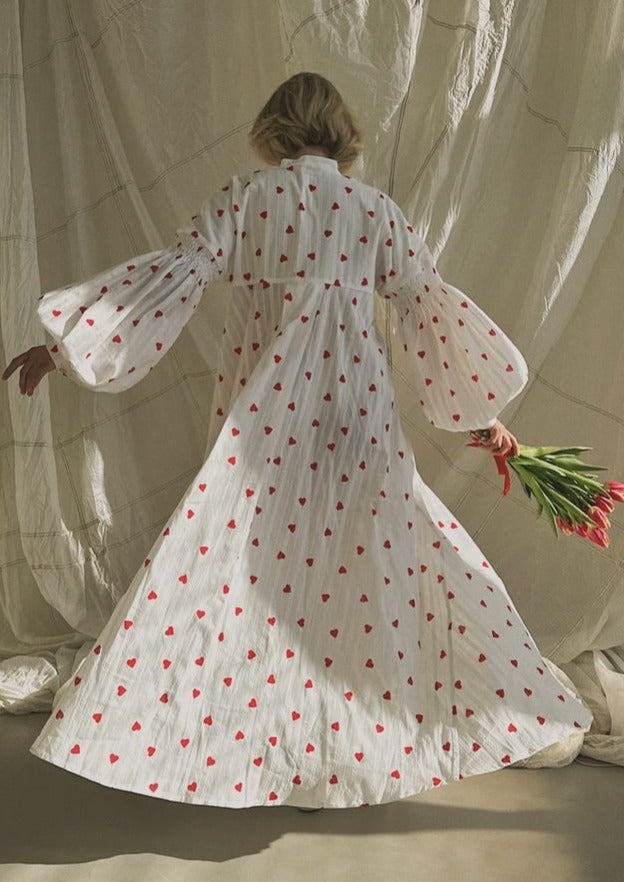Women's Cotton Maxi Dress with Heart Embroidery and Balloon Sleeves 5