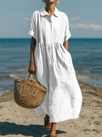Women's Cotton Shirt Dress with Button-Through Front and Defined Waist 1