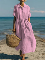 Women's Cotton Shirt Dress with Button-Through Front and Defined Waist 4