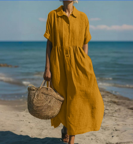 Women's Cotton Shirt Dress with Button-Through Front and Defined Waist 6