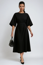 Women's Crew Neck Midi Dress with Kimono Sleeves and Cinched Waist 1