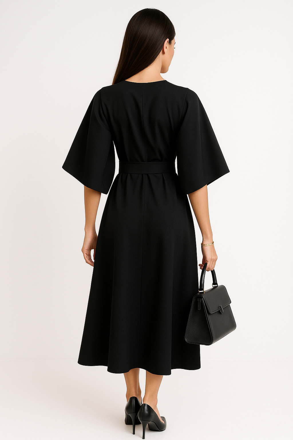 Women's Crew Neck Midi Dress with Kimono Sleeves and Cinched Waist 2