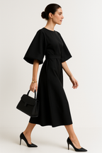 Women's Crew Neck Midi Dress with Kimono Sleeves and Cinched Waist 3