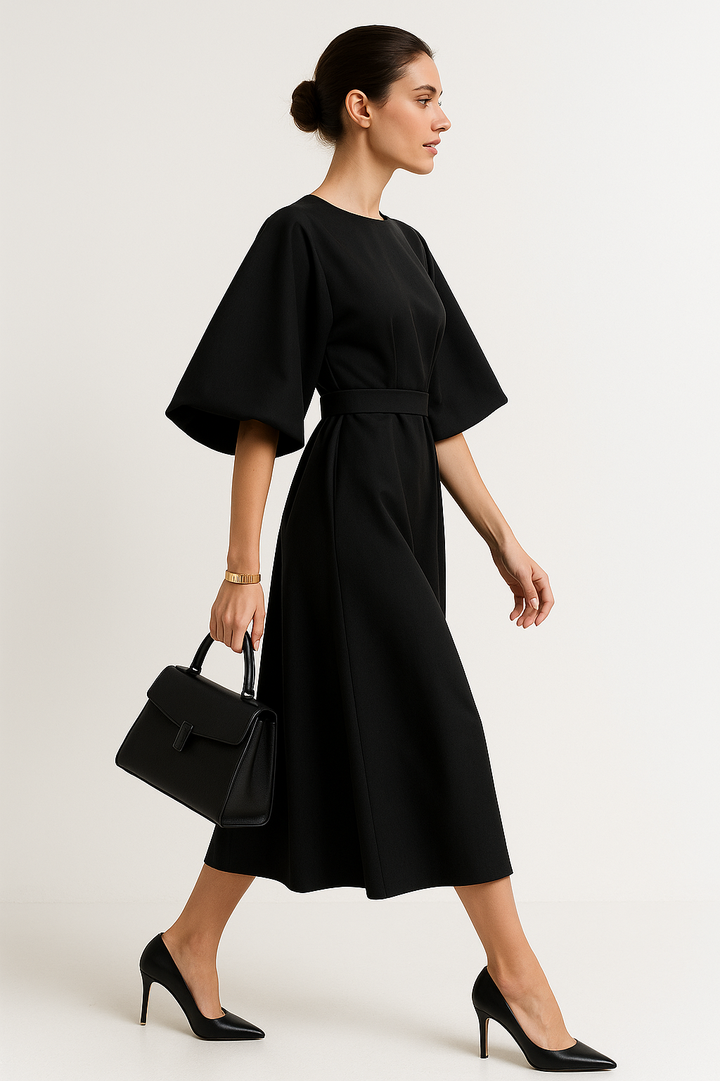 Women's Crew Neck Midi Dress with Kimono Sleeves and Cinched Waist 3