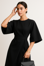 Women's Crew Neck Midi Dress with Kimono Sleeves and Cinched Waist 4