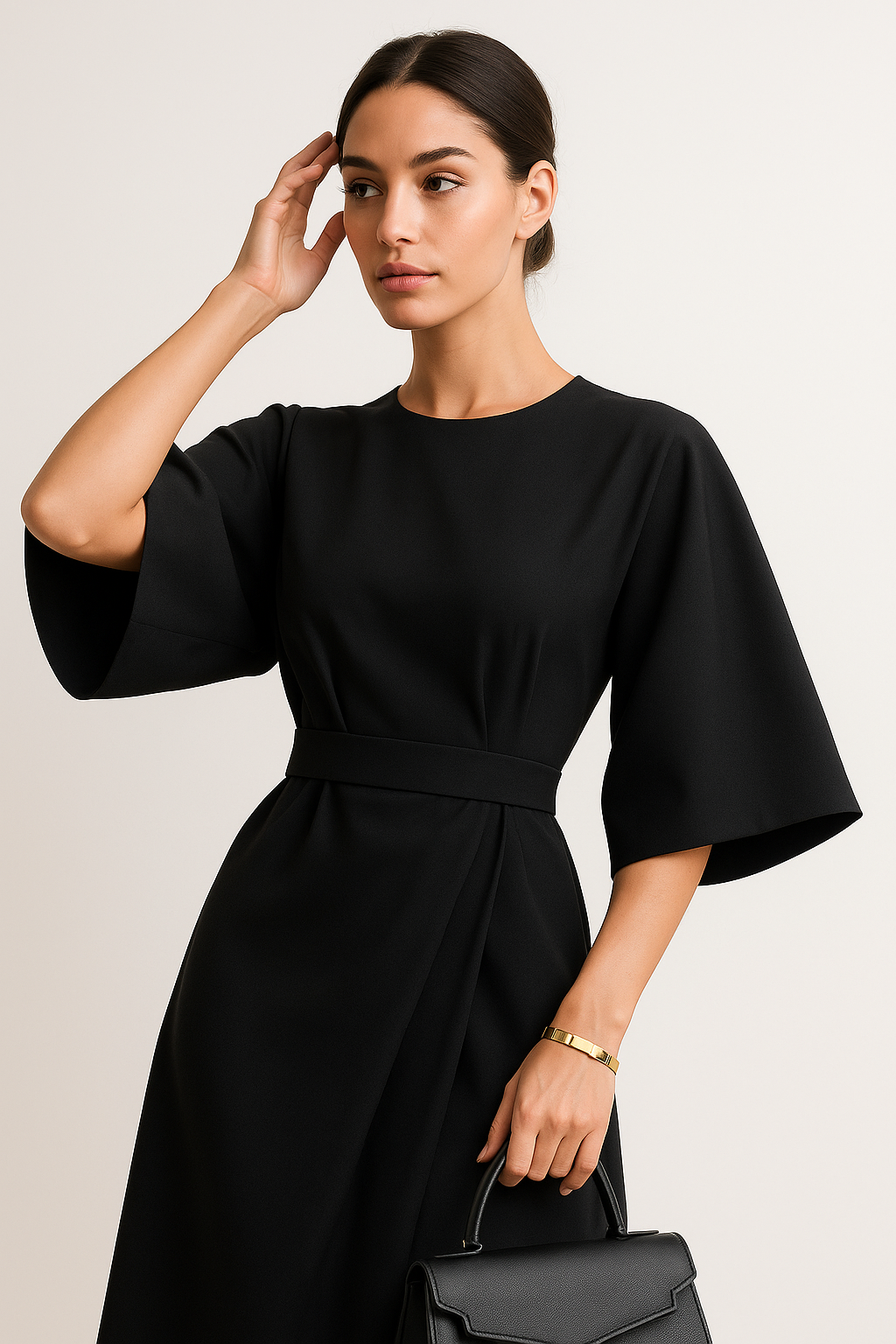 Women's Crew Neck Midi Dress with Kimono Sleeves and Cinched Waist 4