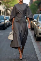 Women's Crew Neck Midi Dress with Kimono Sleeves and Cinched Waist 5