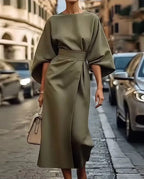 Women's Crew Neck Midi Dress with Kimono Sleeves and Cinched Waist 8