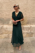 Women's Deep V-Neck Maxi Dress with Pleated Waist 1