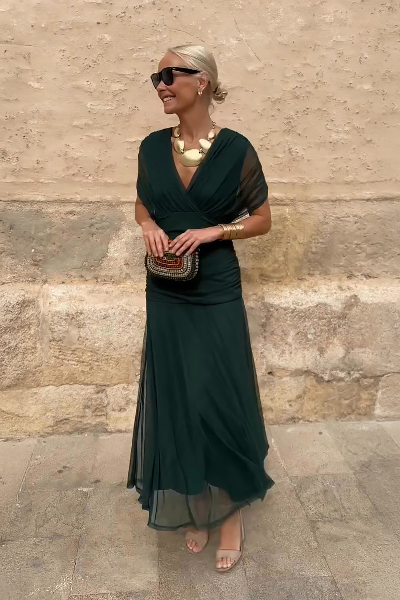 Women's Deep V-Neck Maxi Dress with Pleated Waist 1