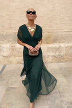 Women's Deep V-Neck Maxi Dress with Pleated Waist 2