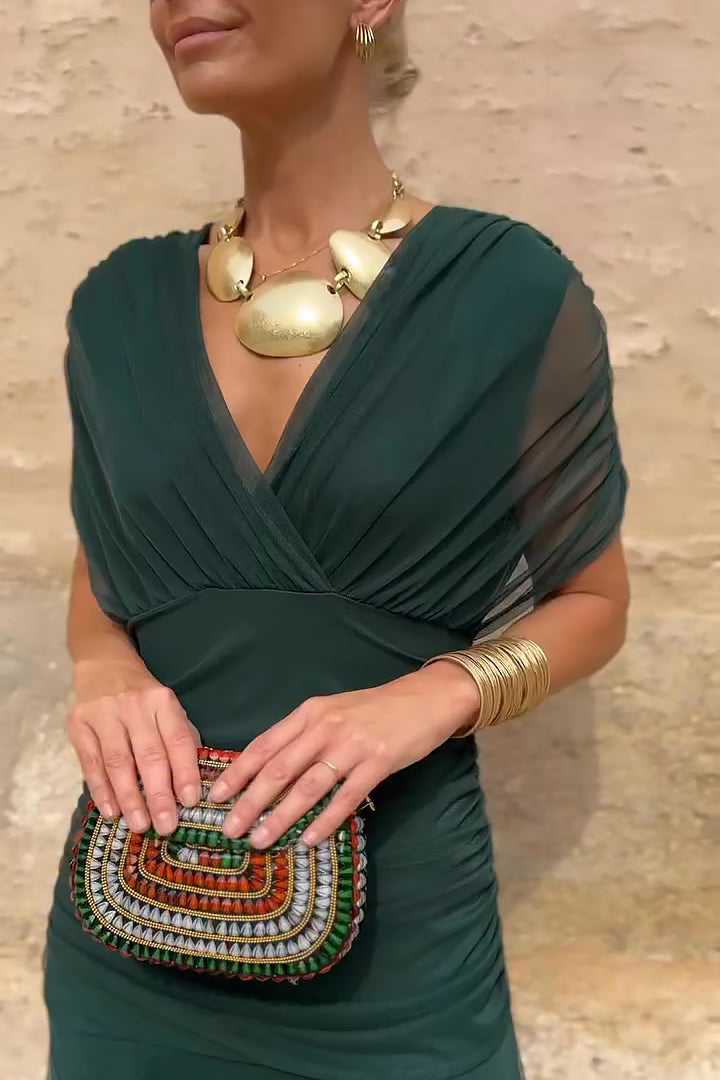 Women's Deep V-Neck Maxi Dress with Pleated Waist 3
