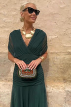 Women's Deep V-Neck Maxi Dress with Pleated Waist 8