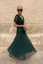 Women's Deep V-Neck Maxi Dress with Pleated Waist 9