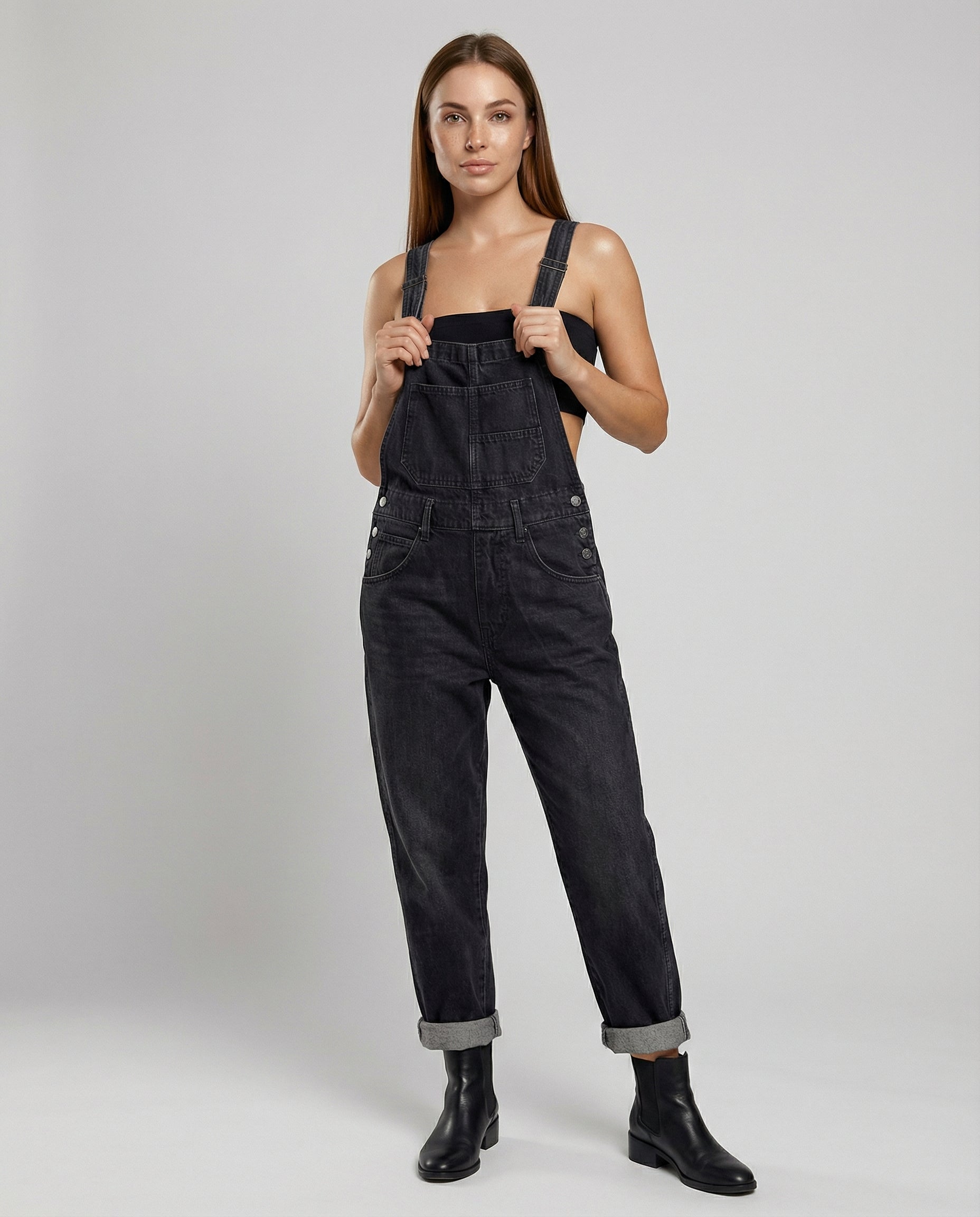 Women's Denim Cross-Back Dungarees with Adjustable Straps 1