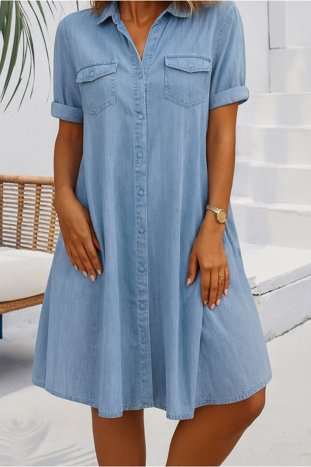 Women's Denim-Look Button-Down Shirt Dress with Rolled-Up Sleeves 1