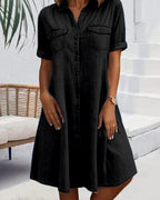 Women's Denim-Look Button-Down Shirt Dress with Rolled-Up Sleeves 2