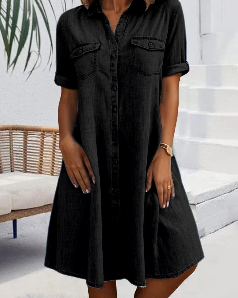 Women's Denim-Look Button-Down Shirt Dress with Rolled-Up Sleeves 2