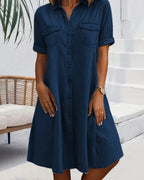 Women's Denim-Look Button-Down Shirt Dress with Rolled-Up Sleeves 3