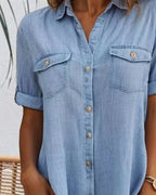 Women's Denim-Look Button-Down Shirt Dress with Rolled-Up Sleeves 4