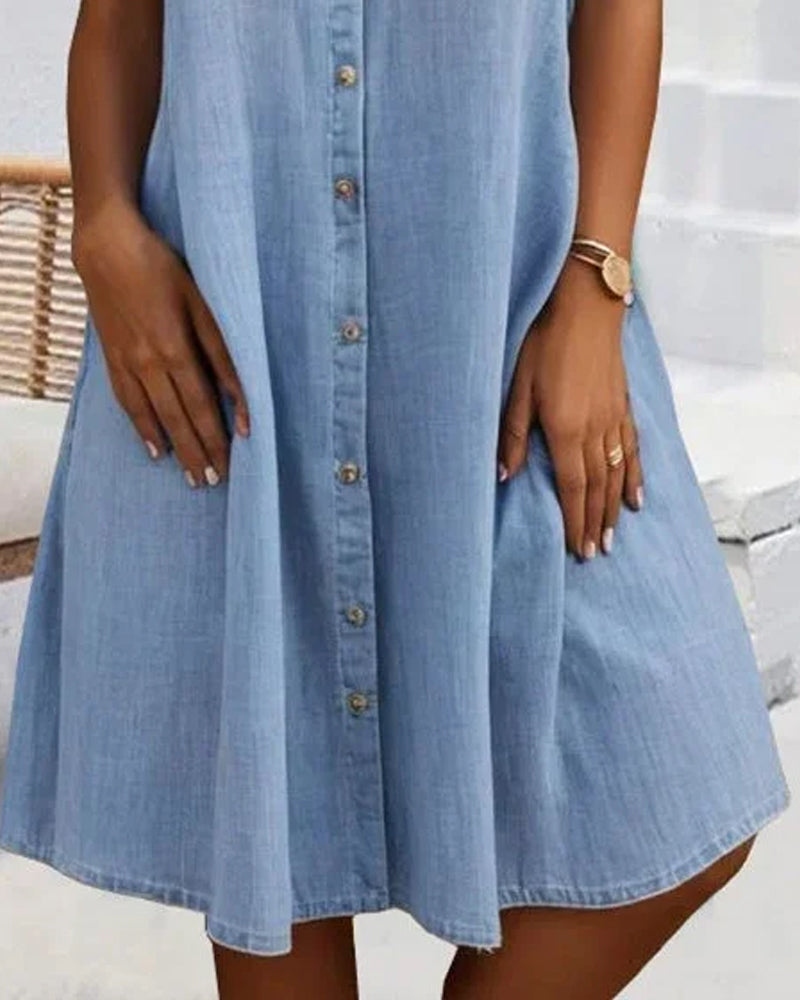 Women's Denim-Look Button-Down Shirt Dress with Rolled-Up Sleeves 5