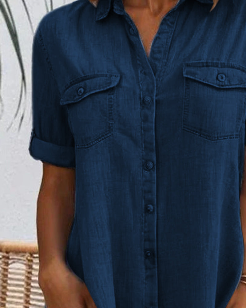 Women's Denim-Look Button-Down Shirt Dress with Rolled-Up Sleeves 8