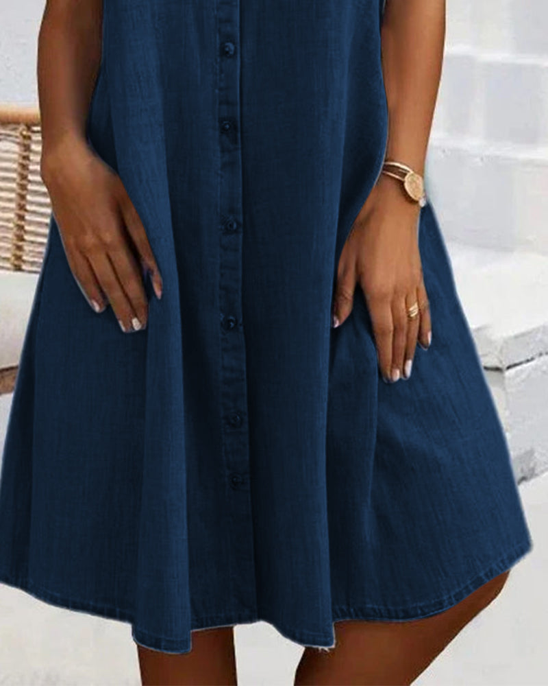 Women's Denim-Look Button-Down Shirt Dress with Rolled-Up Sleeves 9