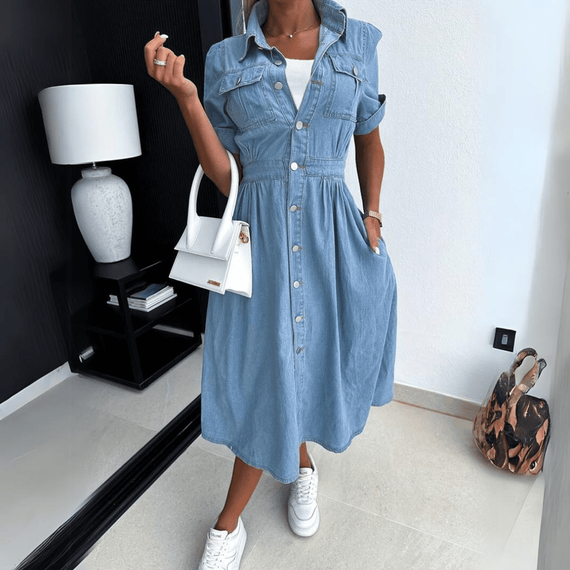 Women's Denim Midi Dress with Button Front Closure 3