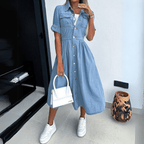 Women's Denim Midi Dress with Button Front Closure 4