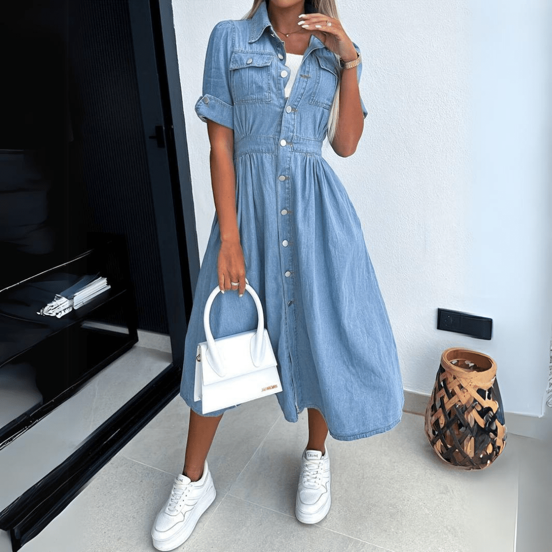 Women's Denim Midi Dress with Button Front Closure 4