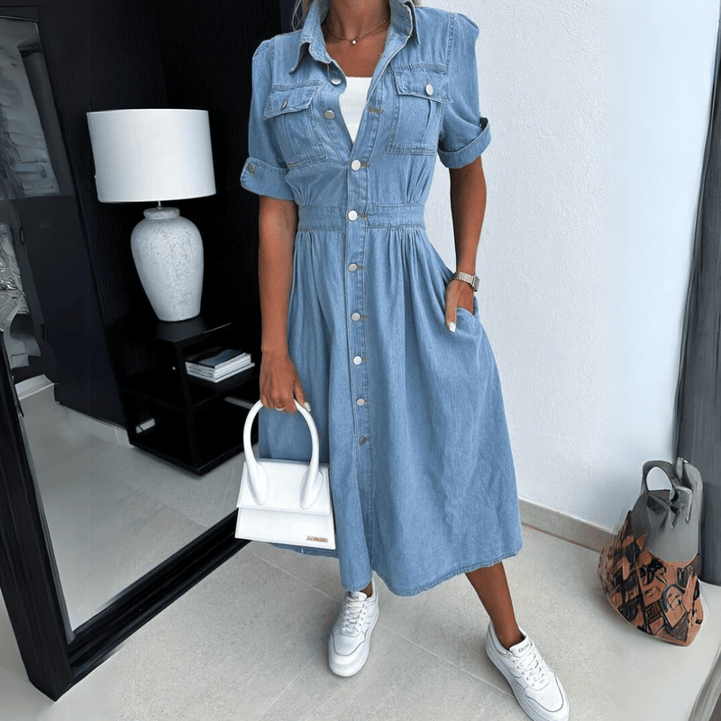 Women's Denim Midi Dress with Button Front Closure 5
