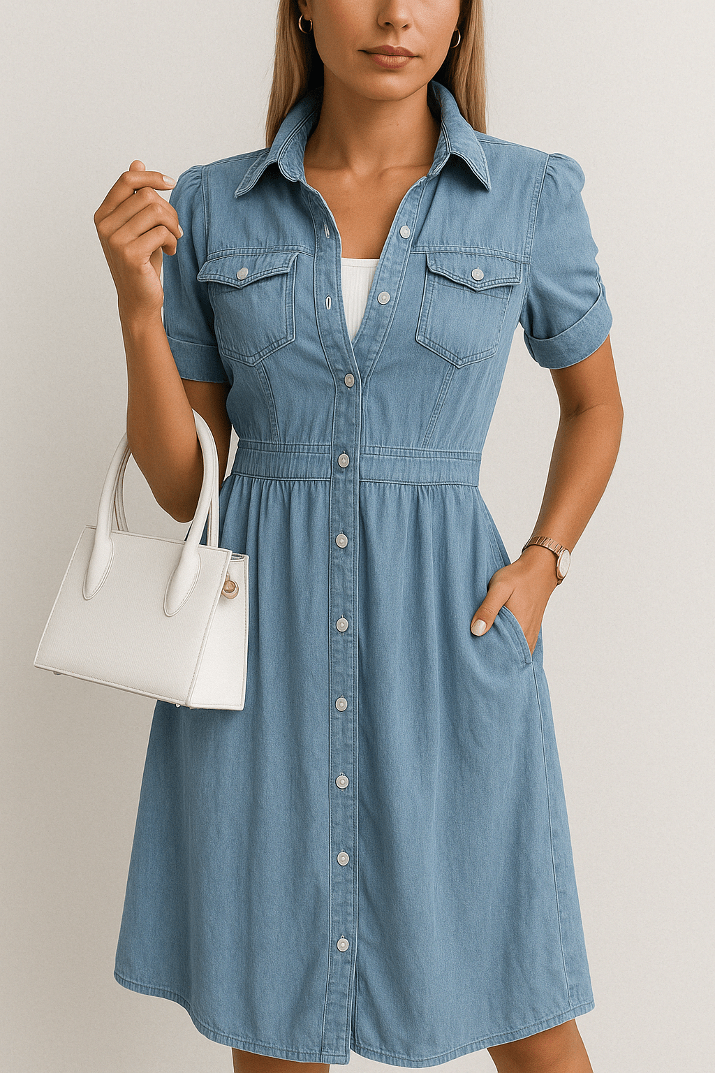 Women's Denim Midi Dress with Button Front Closure 6