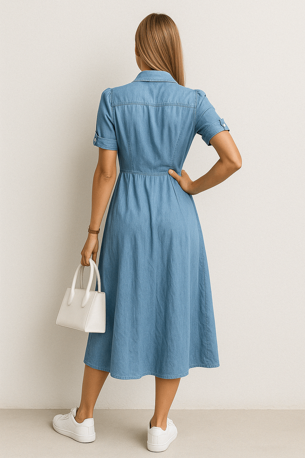 Women's Denim Midi Dress with Button Front Closure 7