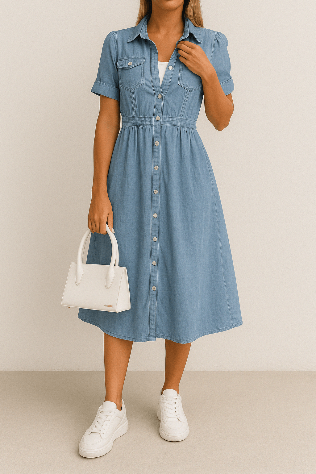 Women's Denim Midi Dress with Button Front Closure 8