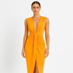 Women's Draped Maxi Dress with Deep V-Neckline and High Slit 1