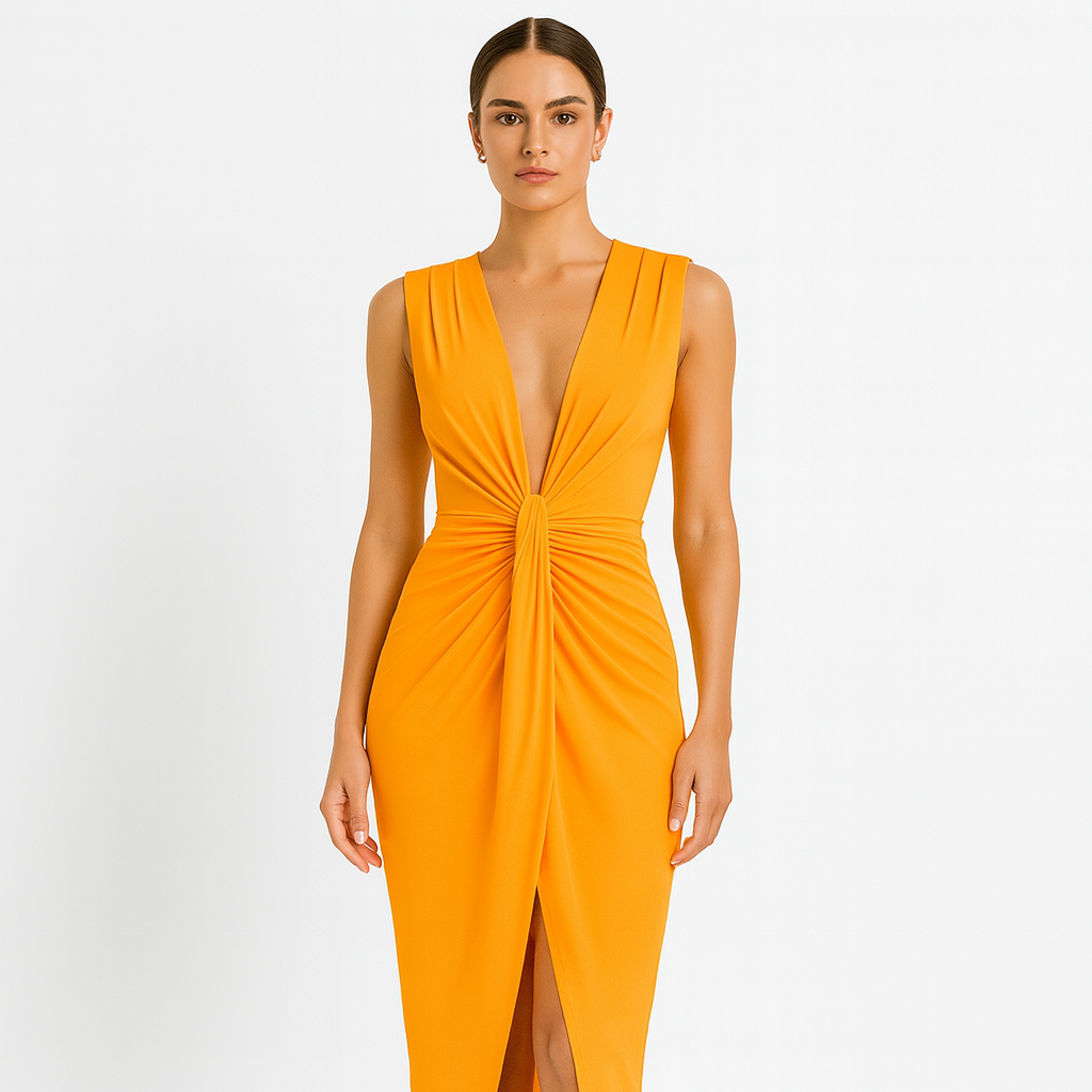 Women's Draped Maxi Dress with Deep V-Neckline and High Slit 1