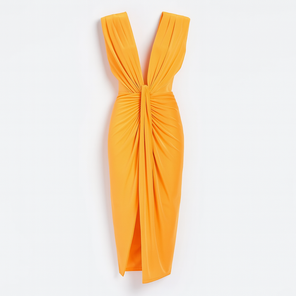 Women's Draped Maxi Dress with Deep V-Neckline and High Slit 2
