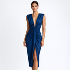 Women's Draped Maxi Dress with Deep V-Neckline and High Slit 3