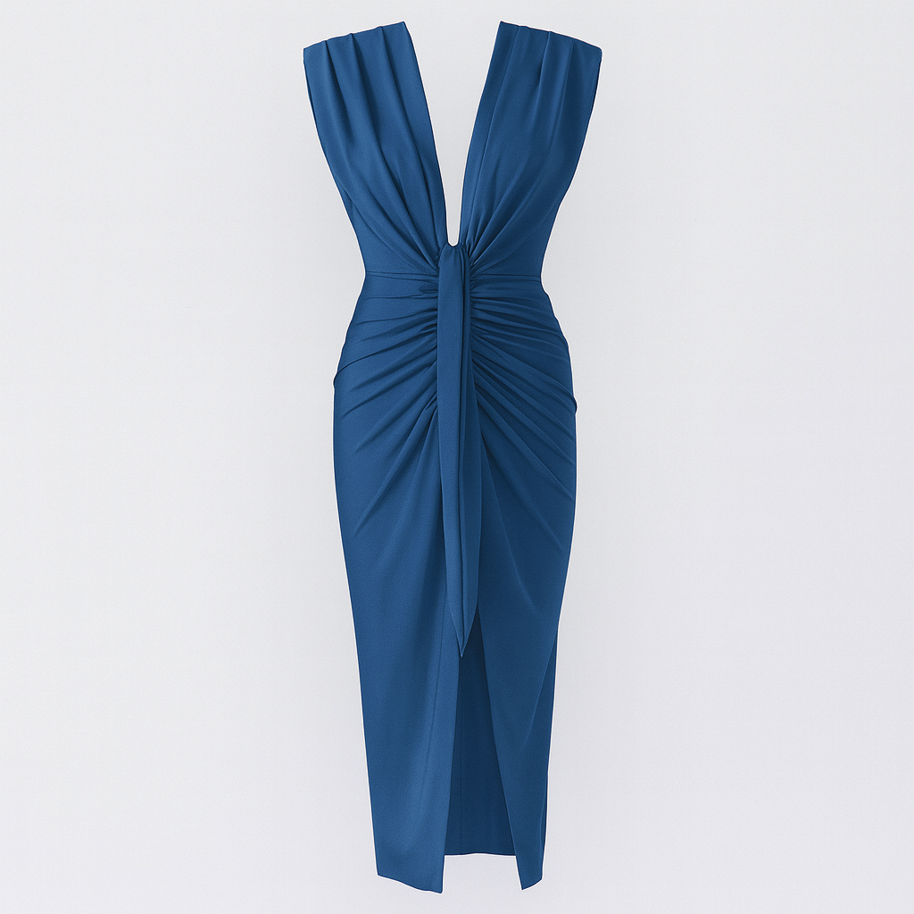 Women's Draped Maxi Dress with Deep V-Neckline and High Slit 4