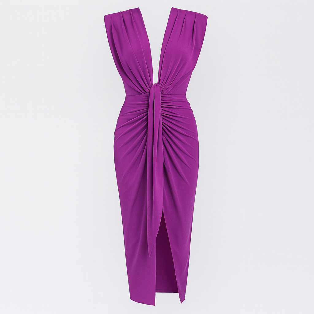 Women's Draped Maxi Dress with Deep V-Neckline and High Slit 6