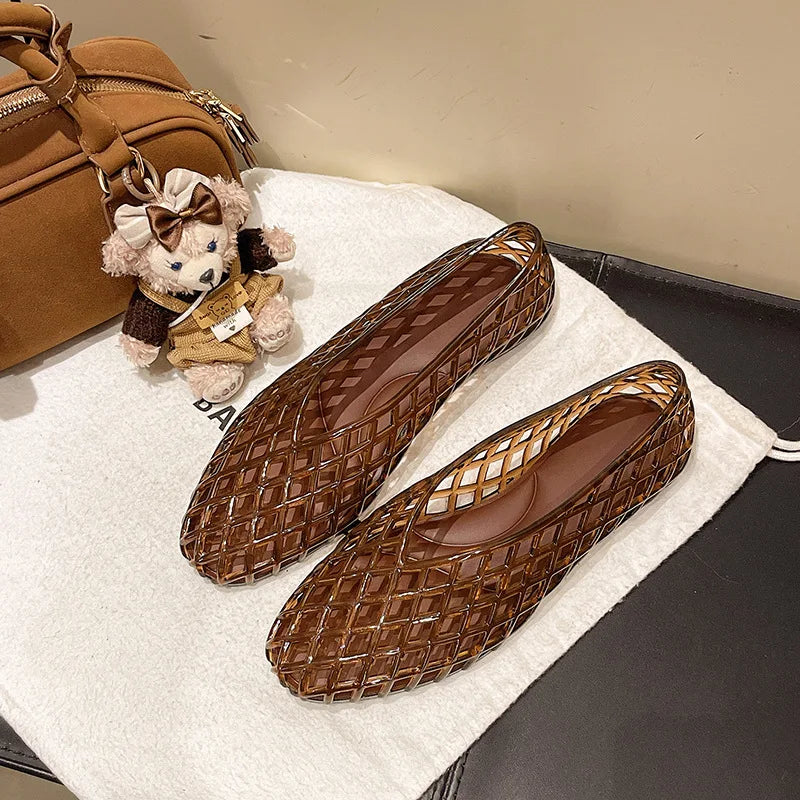 Women's Flat Jelly Shoes with Diamond Cut-Out Woven Pattern 5