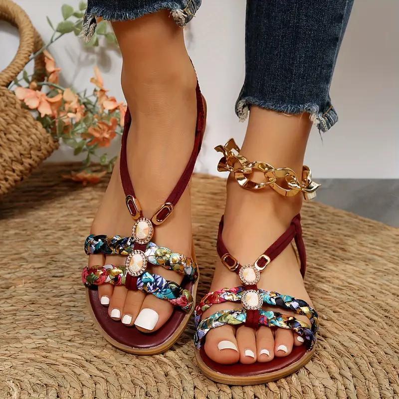 Women's Flat Sandals with Woven Straps and Crystal Embellishments 1
