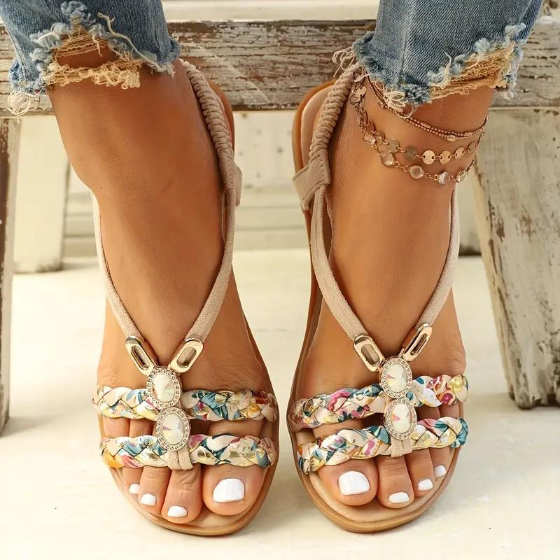 Women's Flat Sandals with Woven Straps and Crystal Embellishments 2