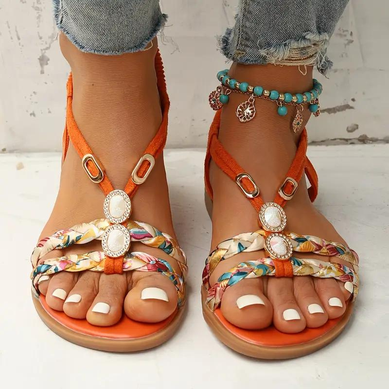 Women's Flat Sandals with Woven Straps and Crystal Embellishments 5