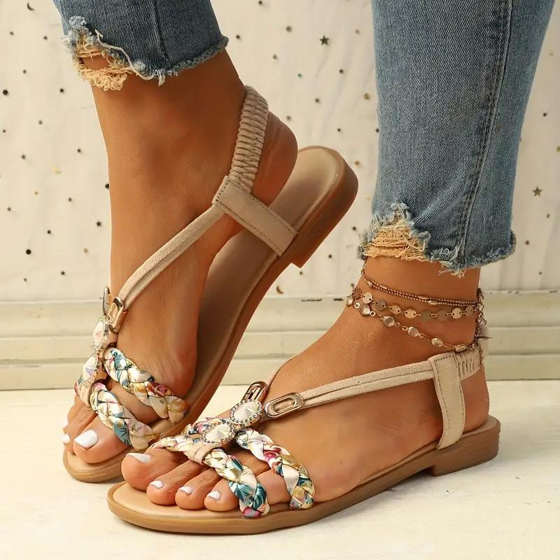 Women's Flat Sandals with Woven Straps and Crystal Embellishments 7