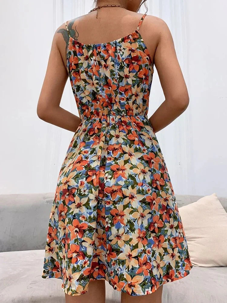 Women's Floral A-Line Halter Dress with Lace-Up Detail 3