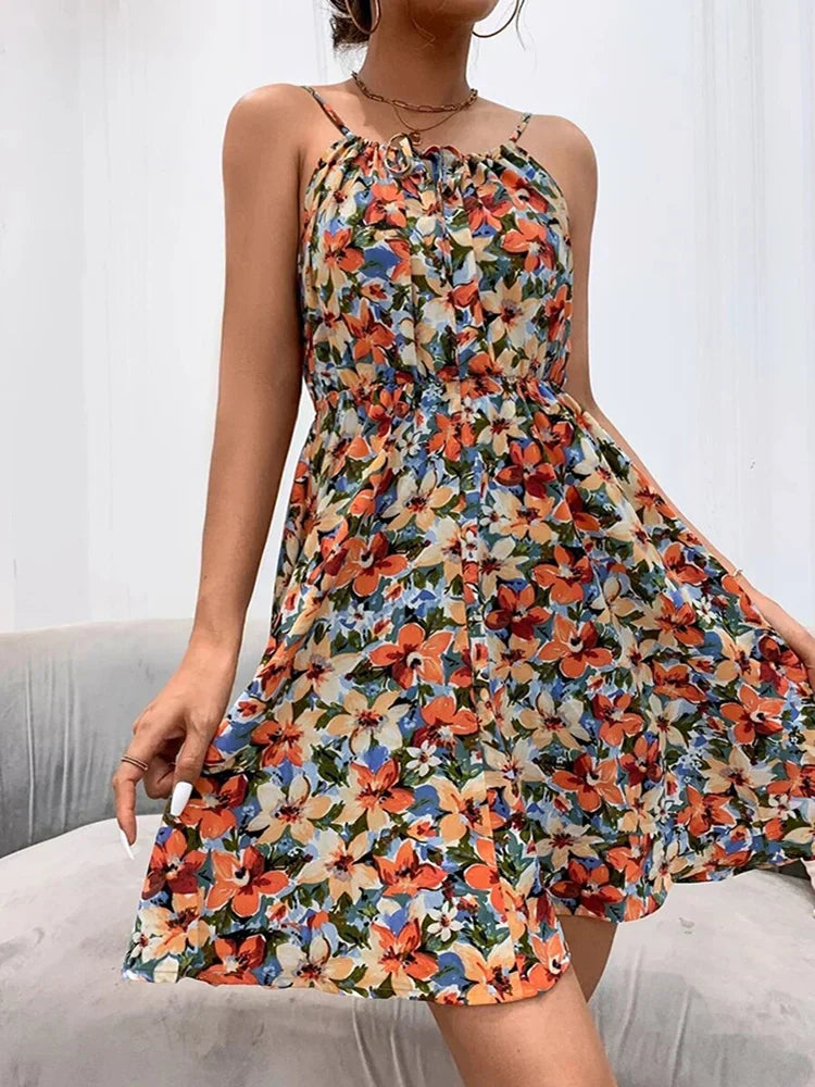 Women's Floral A-Line Halter Dress with Lace-Up Detail 5