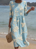 Women's Floral Embroidered Midi Dress with Three-Quarter Sleeves 1
