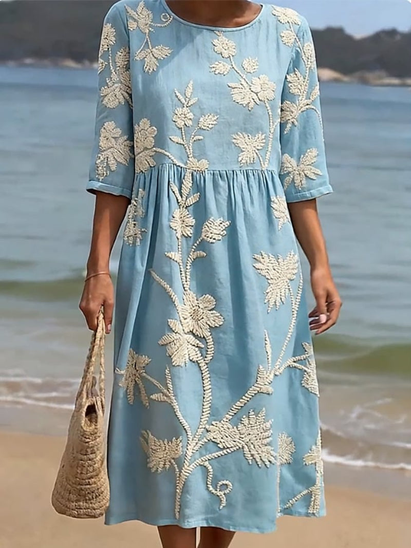 Women's Floral Embroidered Midi Dress with Three-Quarter Sleeves 2